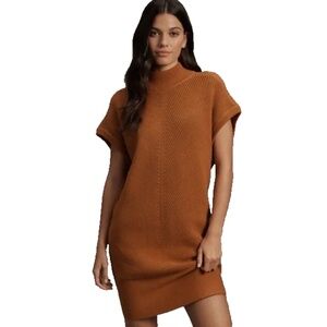 Anthropologie Short-Sleeve Mock Neck Sweater Mini Dress Brown Women Medium Wool